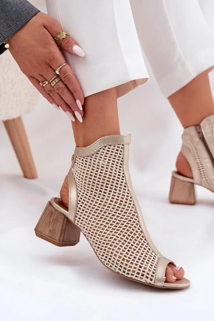 Damskie Maciejka Skórzane Botki Damskie Na Obcasie Z Odkrytą Piętą 06899-25 Złoto-Beżowe