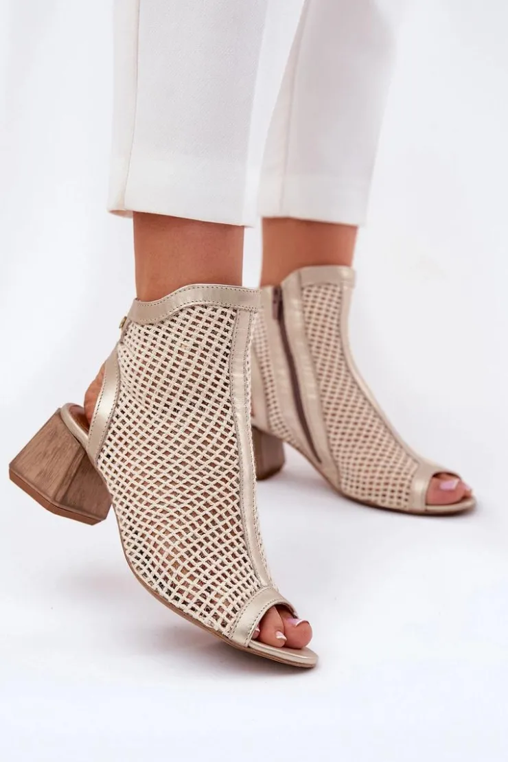 Damskie Maciejka Skórzane Botki Damskie Na Obcasie Z Odkrytą Piętą 06899-25 Złoto-Beżowe