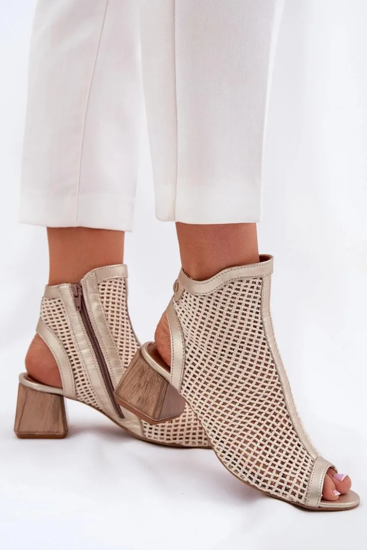 Damskie Maciejka Skórzane Botki Damskie Na Obcasie Z Odkrytą Piętą 06899-25 Złoto-Beżowe