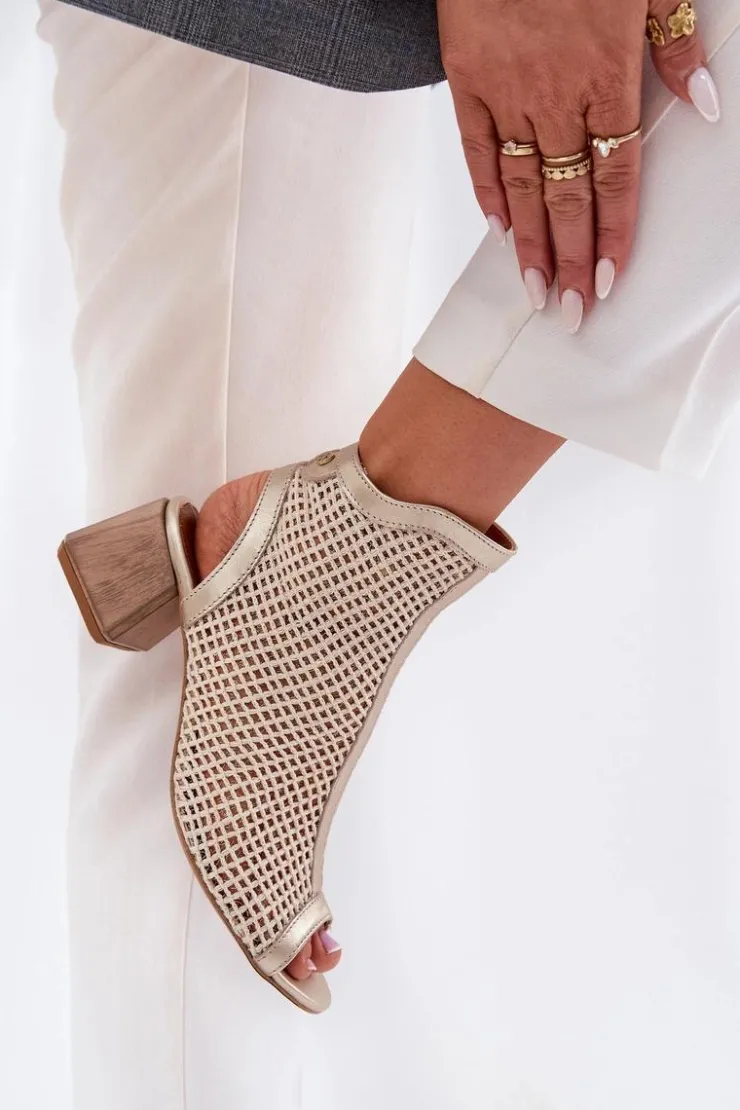 Damskie Maciejka Skórzane Botki Damskie Na Obcasie Z Odkrytą Piętą 06899-25 Złoto-Beżowe