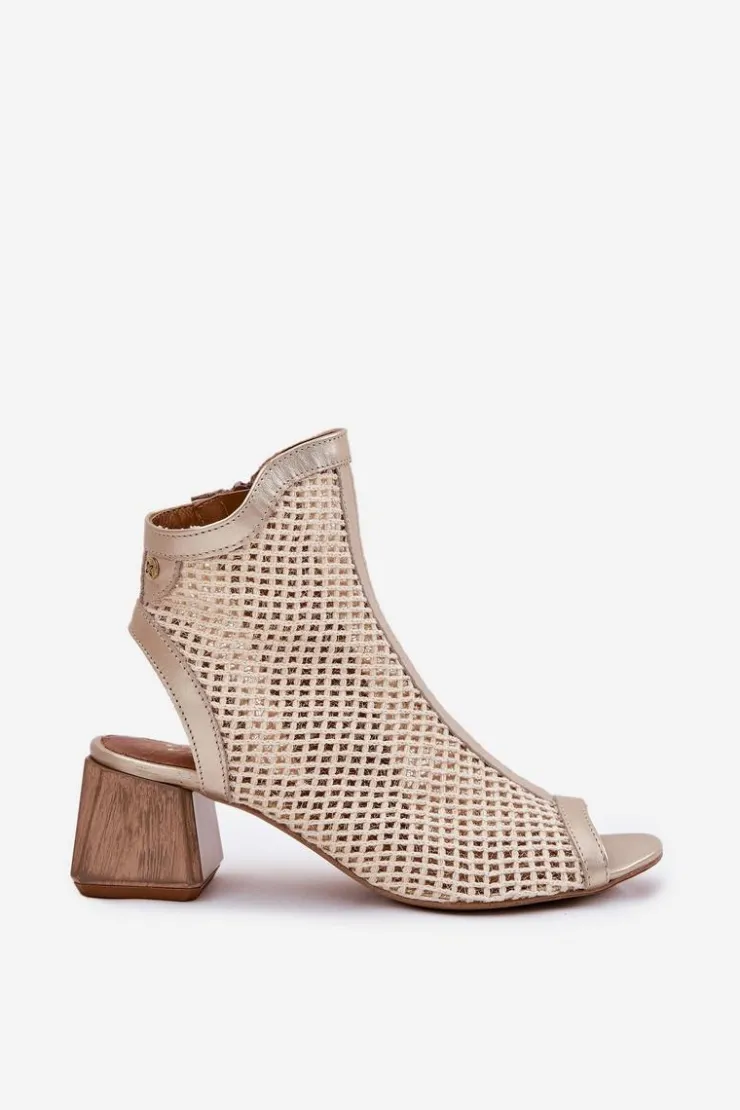 Damskie Maciejka Skórzane Botki Damskie Na Obcasie Z Odkrytą Piętą 06899-25 Złoto-Beżowe