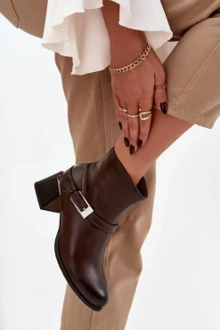 Damskie Zazoo Skórzane Botki Damskie Na Obcasie Z Klamrą 60562 Czekoladowe