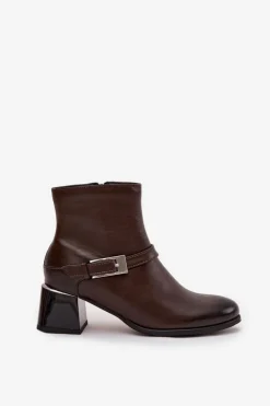 Damskie Zazoo Skórzane Botki Damskie Na Obcasie Z Klamrą 60562 Czekoladowe