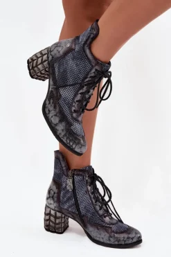 Maciejka Botki Maciejka|Botki Skórzane*Skórzane Botki Damskie Na Słupku 06989-03 Szare