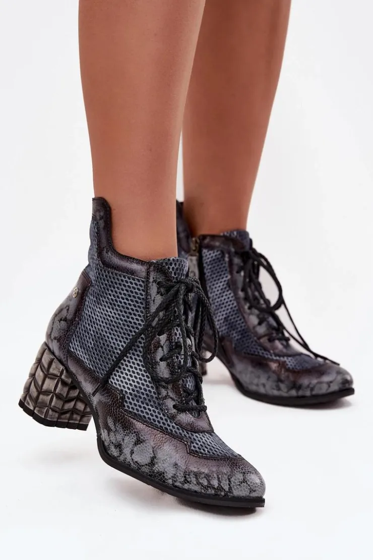 Maciejka Botki Maciejka|Botki Skórzane*Skórzane Botki Damskie Na Słupku 06989-03 Szare