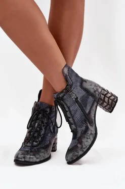 Maciejka Botki Maciejka|Botki Skórzane*Skórzane Botki Damskie Na Słupku 06989-03 Szare