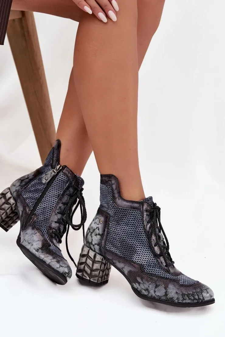 Maciejka Botki Maciejka|Botki Skórzane*Skórzane Botki Damskie Na Słupku 06989-03 Szare