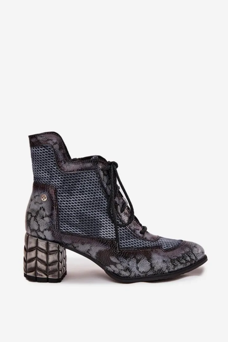 Maciejka Botki Maciejka|Botki Skórzane*Skórzane Botki Damskie Na Słupku 06989-03 Szare