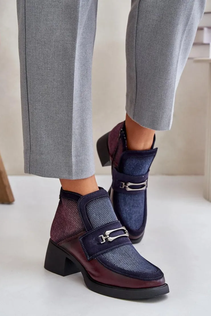 Damskie Maciejka Skórzane Botki Damskie Na Masywnym Obcasie Z Ozdobą A6747-23 Bordowo-Granatowe