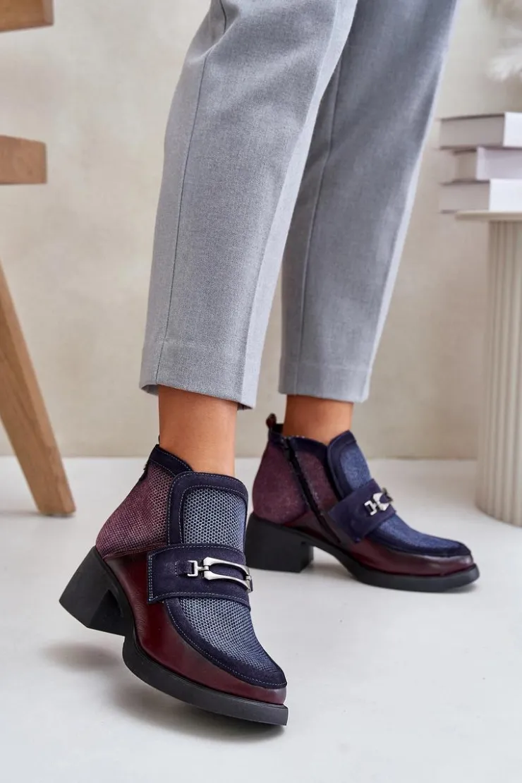 Damskie Maciejka Skórzane Botki Damskie Na Masywnym Obcasie Z Ozdobą A6747-23 Bordowo-Granatowe