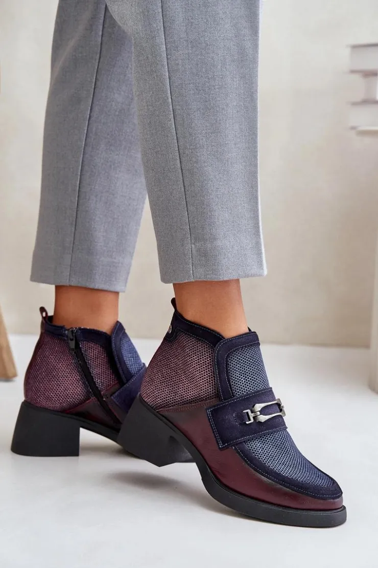 Damskie Maciejka Skórzane Botki Damskie Na Masywnym Obcasie Z Ozdobą A6747-23 Bordowo-Granatowe