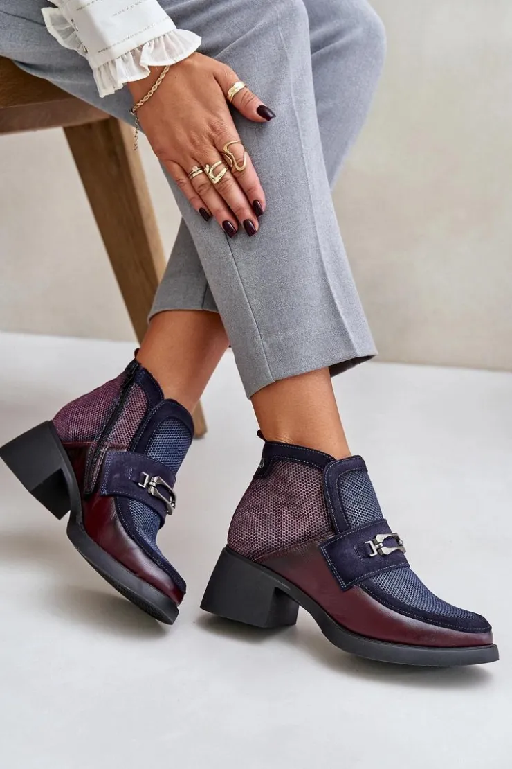 Damskie Maciejka Skórzane Botki Damskie Na Masywnym Obcasie Z Ozdobą A6747-23 Bordowo-Granatowe