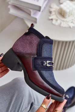 Damskie Maciejka Skórzane Botki Damskie Na Masywnym Obcasie Z Ozdobą A6747-23 Bordowo-Granatowe