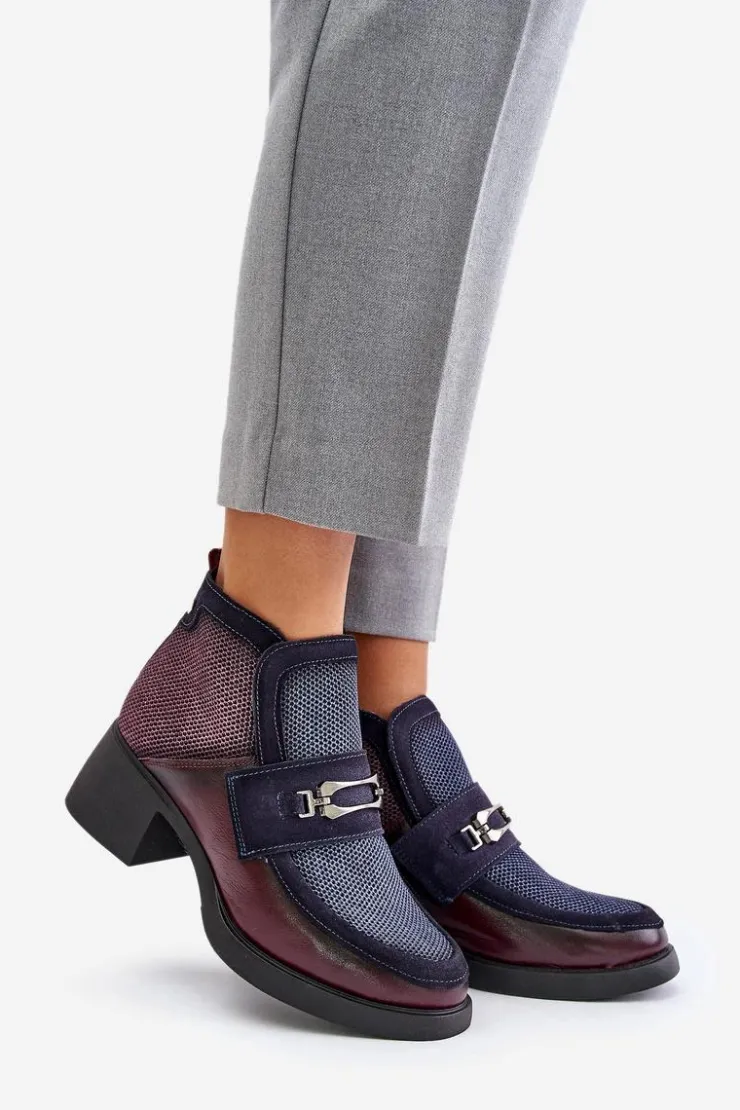 Damskie Maciejka Skórzane Botki Damskie Na Masywnym Obcasie Z Ozdobą A6747-23 Bordowo-Granatowe