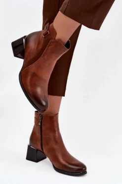 Zazoo Botki Ocieplane|Brązowe I Beżowe Botki*Skórzane Botki Damskie Na Obcasie Ocieplane 60563 Brązowe Brązowy