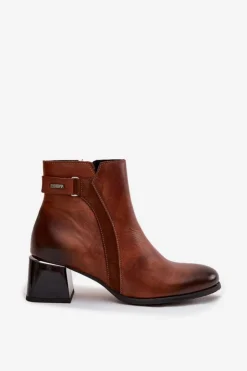 Zazoo Botki Ocieplane|Brązowe I Beżowe Botki*Skórzane Botki Damskie Na Obcasie Ocieplane 60563 Brązowe Brązowy