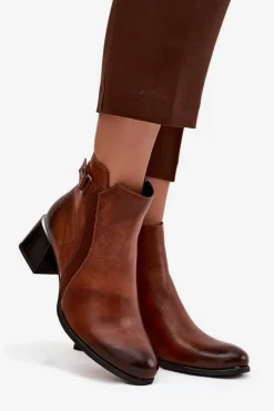 Zazoo Botki Ocieplane|Brązowe I Beżowe Botki*Skórzane Botki Damskie Na Obcasie Ocieplane 60563 Brązowe Brązowy