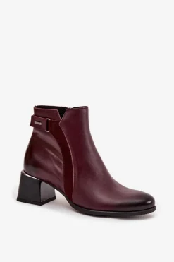 Zazoo Botki Ocieplane|Brązowe I Beżowe Botki*Skórzane Botki Damskie Na Obcasie Ocieplane 60563 Bordowe