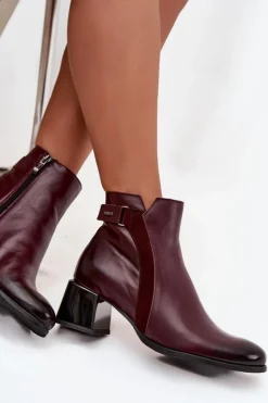 Zazoo Botki Ocieplane|Brązowe I Beżowe Botki*Skórzane Botki Damskie Na Obcasie Ocieplane 60563 Bordowe