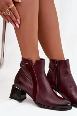 Zazoo Botki Ocieplane|Brązowe I Beżowe Botki*Skórzane Botki Damskie Na Obcasie Ocieplane 60563 Bordowe