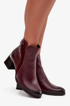 Zazoo Botki Ocieplane|Brązowe I Beżowe Botki*Skórzane Botki Damskie Na Obcasie Ocieplane 60563 Bordowe