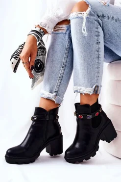 Damskie Boto Skórzane Botki Damskie Na Słupku Z Kryształami Czarne Makbet