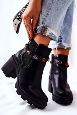 Damskie Boto Skórzane Botki Damskie Na Słupku Z Kryształami Czarne Makbet