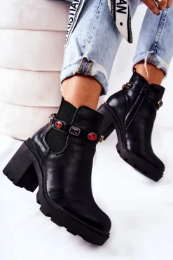 Damskie Boto Skórzane Botki Damskie Na Słupku Z Kryształami Czarne Makbet