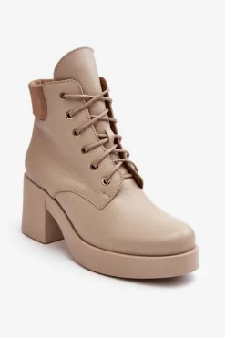 Boto Botki Skórzane|Botki Sznurowane*Skórzane Botki Damskie Na Słupku Beżowe Lemar Leocera