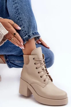 Boto Botki Skórzane|Botki Sznurowane*Skórzane Botki Damskie Na Słupku Beżowe Lemar Leocera