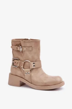 Best Zazoo Skórzane Botki Damskie Na Niskim Obcasie Klocku Z Paskami 3644 Beżowe Beżowy