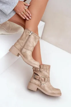 Best Zazoo Skórzane Botki Damskie Na Niskim Obcasie Klocku Z Paskami 3644 Beżowe Beżowy