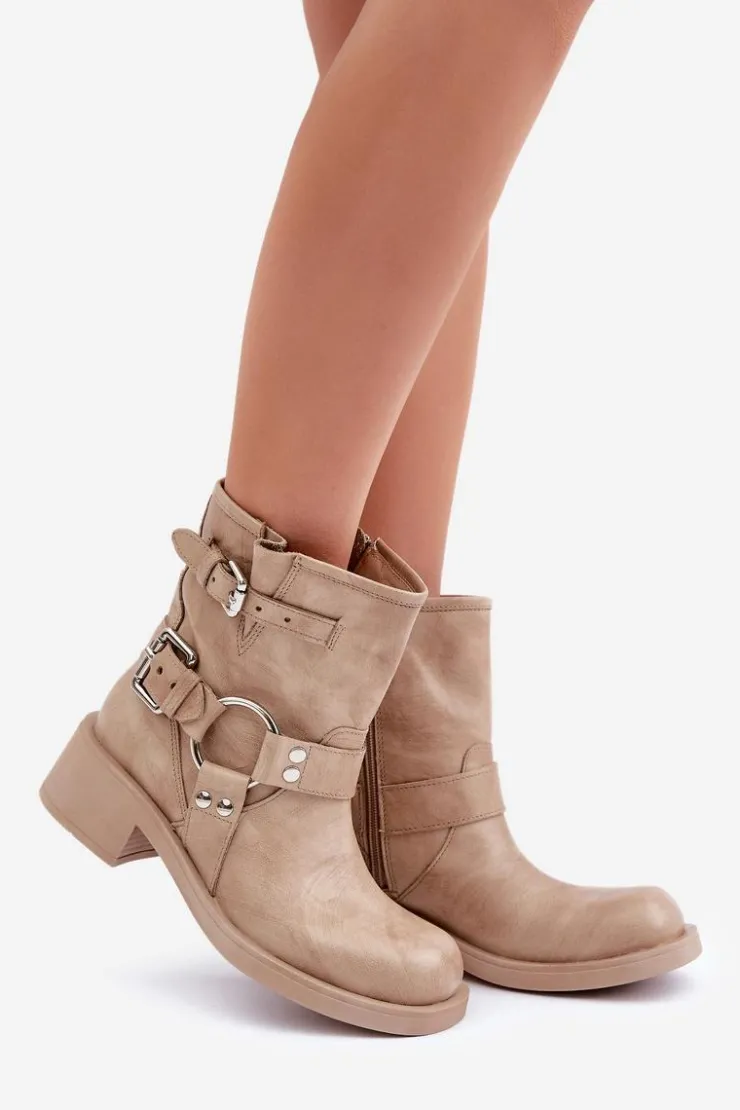 Best Zazoo Skórzane Botki Damskie Na Niskim Obcasie Klocku Z Paskami 3644 Beżowe Beżowy