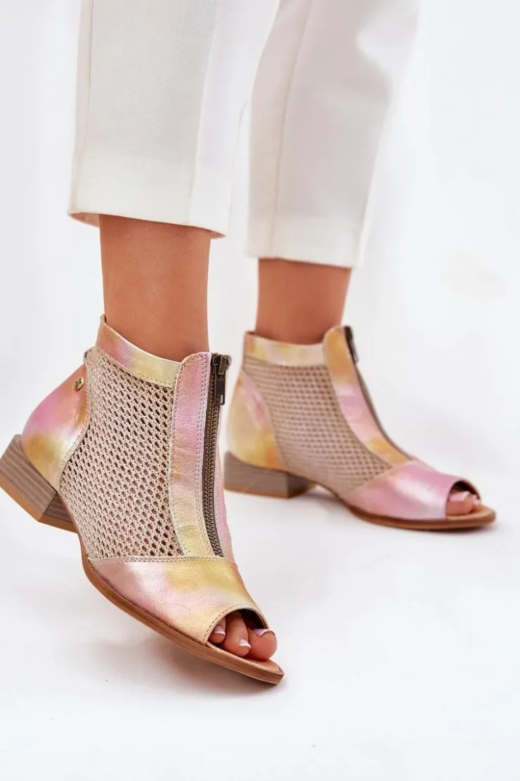 Damskie Maciejka Skórzane Botki Damskie Na Płaskim Obcasie Z Odkrytymi Palcami 06413-15 Różowo-Pomarańczowe