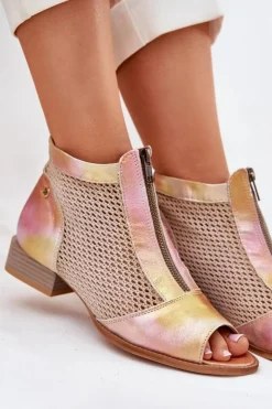 Damskie Maciejka Skórzane Botki Damskie Na Płaskim Obcasie Z Odkrytymi Palcami 06413-15 Różowo-Pomarańczowe