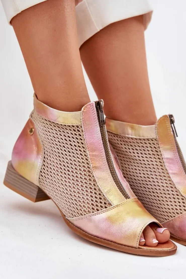 Damskie Maciejka Skórzane Botki Damskie Na Płaskim Obcasie Z Odkrytymi Palcami 06413-15 Różowo-Pomarańczowe