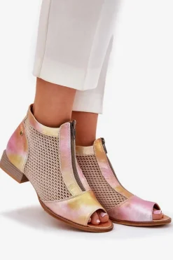 Damskie Maciejka Skórzane Botki Damskie Na Płaskim Obcasie Z Odkrytymi Palcami 06413-15 Różowo-Pomarańczowe