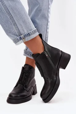 D&A Botki Skórzane|Botki Na Obcasie*Skórzane Botki Damskie Na Klocku Z Ozdobą JC52-869 Czarne