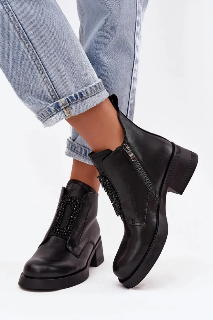 D&A Botki Skórzane|Botki Na Obcasie*Skórzane Botki Damskie Na Klocku Z Ozdobą JC52-869 Czarne