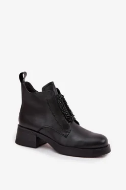 D&A Botki Skórzane|Botki Na Obcasie*Skórzane Botki Damskie Na Klocku Z Ozdobą JC52-869 Czarne