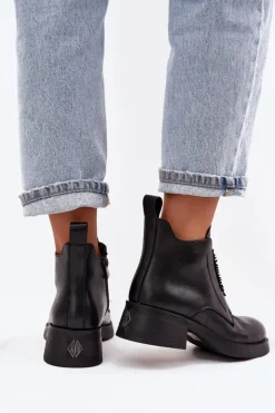 D&A Botki Skórzane|Botki Na Obcasie*Skórzane Botki Damskie Na Klocku Z Ozdobą JC52-869 Czarne