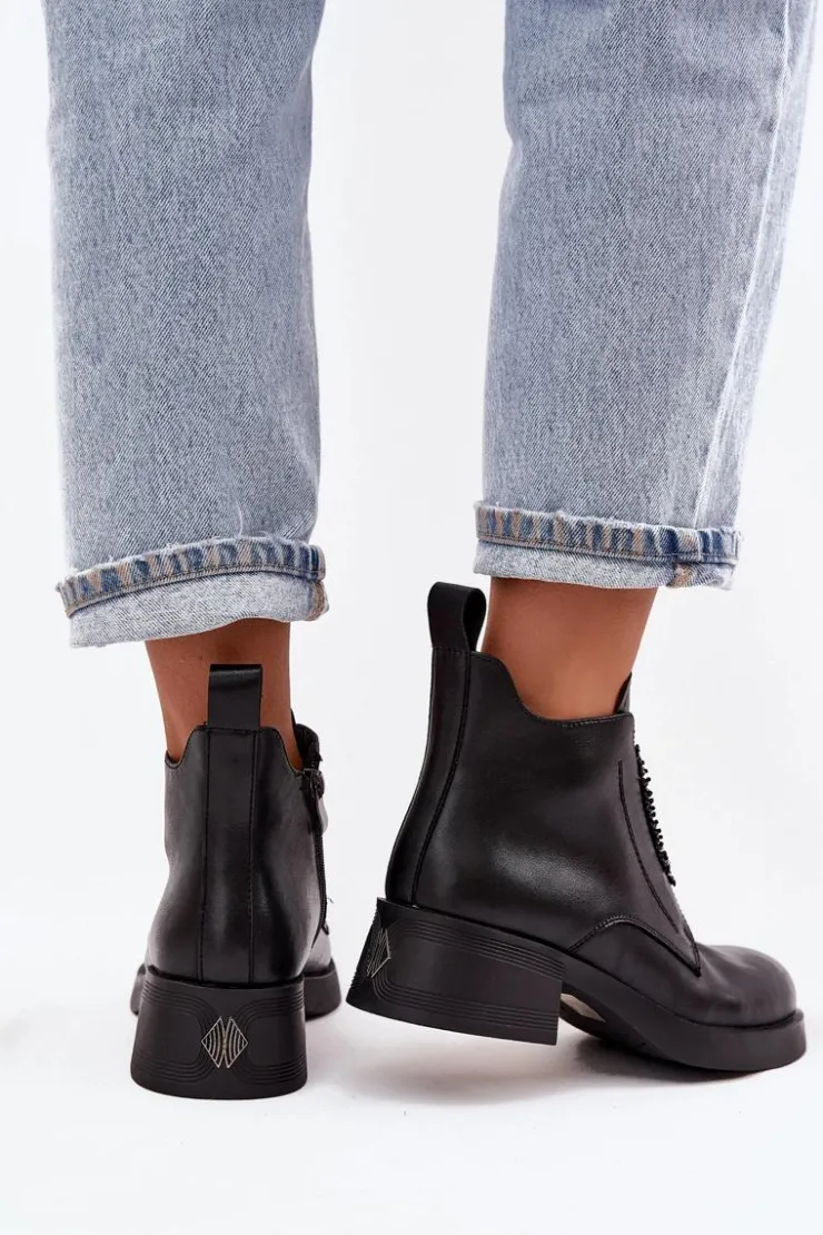 D&A Botki Skórzane|Botki Na Obcasie*Skórzane Botki Damskie Na Klocku Z Ozdobą JC52-869 Czarne