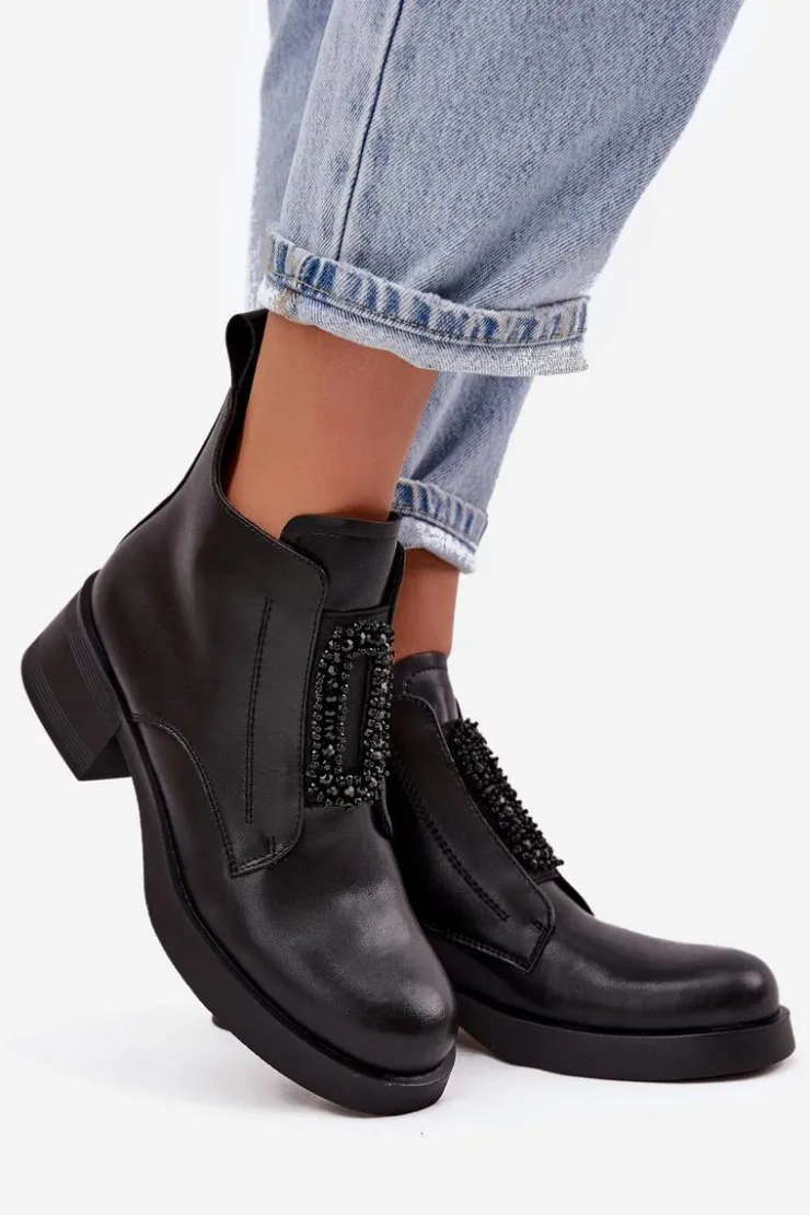 D&A Botki Skórzane|Botki Na Obcasie*Skórzane Botki Damskie Na Klocku Z Ozdobą JC52-869 Czarne