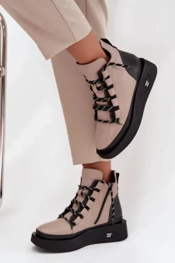 Online Artiker Skórzane Botki Damskie Na Platformie Ocieplane 55C0884 Beżowe