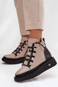 Online Artiker Skórzane Botki Damskie Na Platformie Ocieplane 55C0884 Beżowe