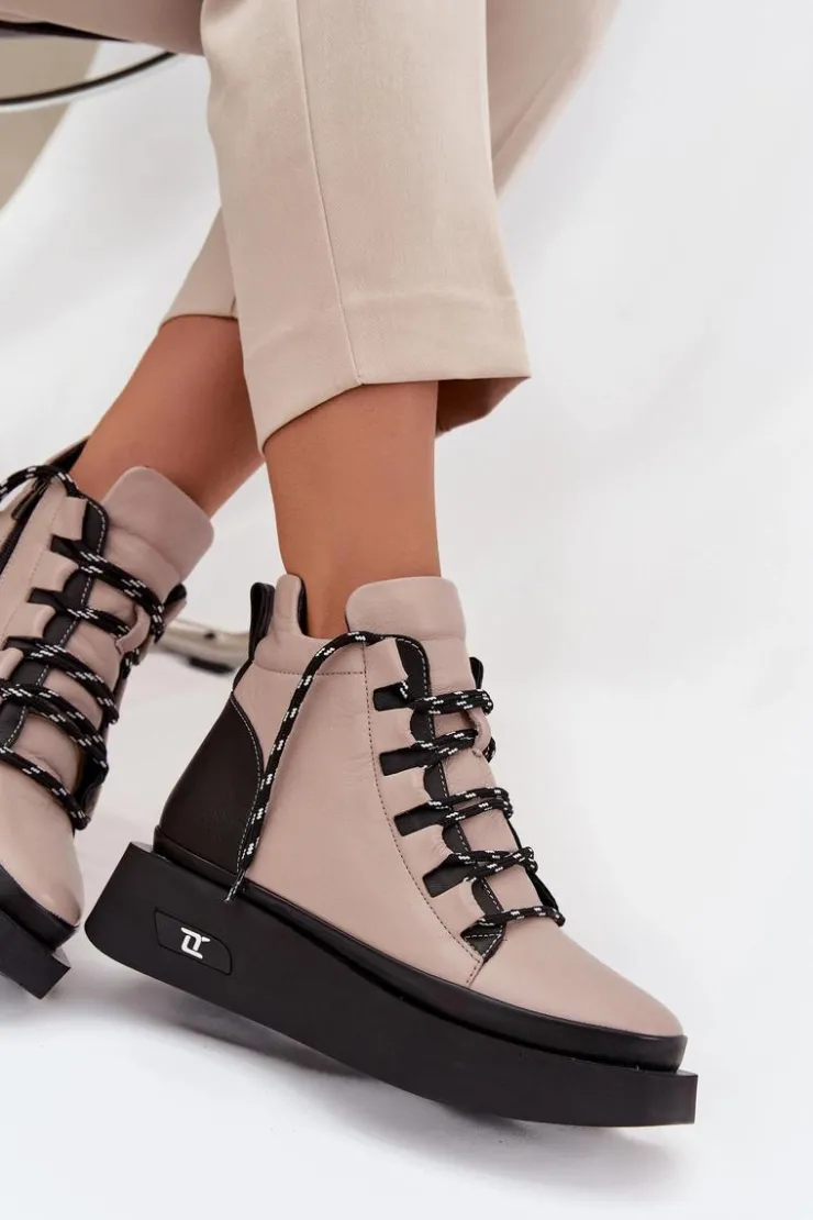 Online Artiker Skórzane Botki Damskie Na Platformie Ocieplane 55C0884 Beżowe