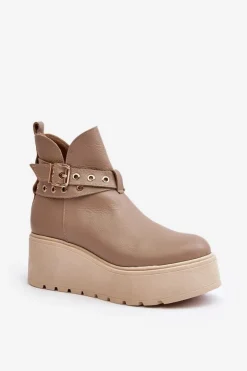 Zazoo Botki Skórzane|Botki Na Koturnie*Skórzane Botki Damskie Na Koturnie Platformie Z Paskami 1752 Beżowe