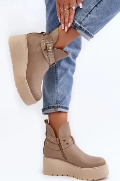 Zazoo Botki Skórzane|Botki Na Koturnie*Skórzane Botki Damskie Na Koturnie Platformie Z Paskami 1752 Beżowe