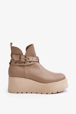 Zazoo Botki Skórzane|Botki Na Koturnie*Skórzane Botki Damskie Na Koturnie Platformie Z Paskami 1752 Beżowe