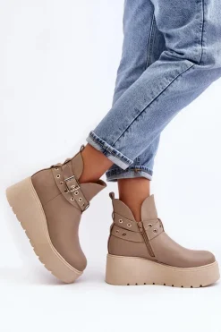Zazoo Botki Skórzane|Botki Na Koturnie*Skórzane Botki Damskie Na Koturnie Platformie Z Paskami 1752 Beżowe
